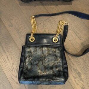Brettons Vintage Leather Shoulder Bag Reptile Print Gold Metal Hardware Blue OS